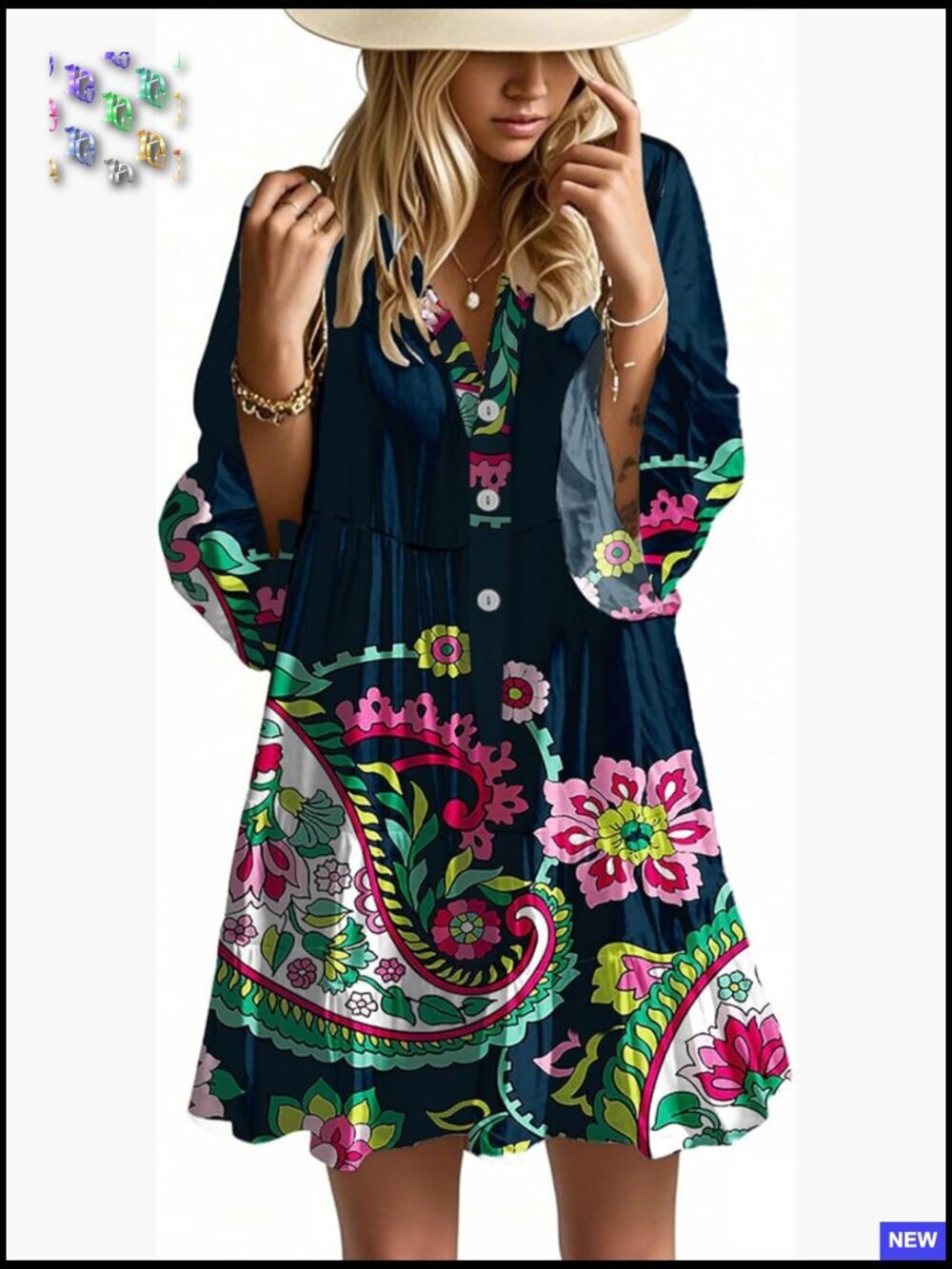 Flowy Ruffle Babydoll Mini Dress Boho Swing A-Line 3/4 Sleeve V Neck
